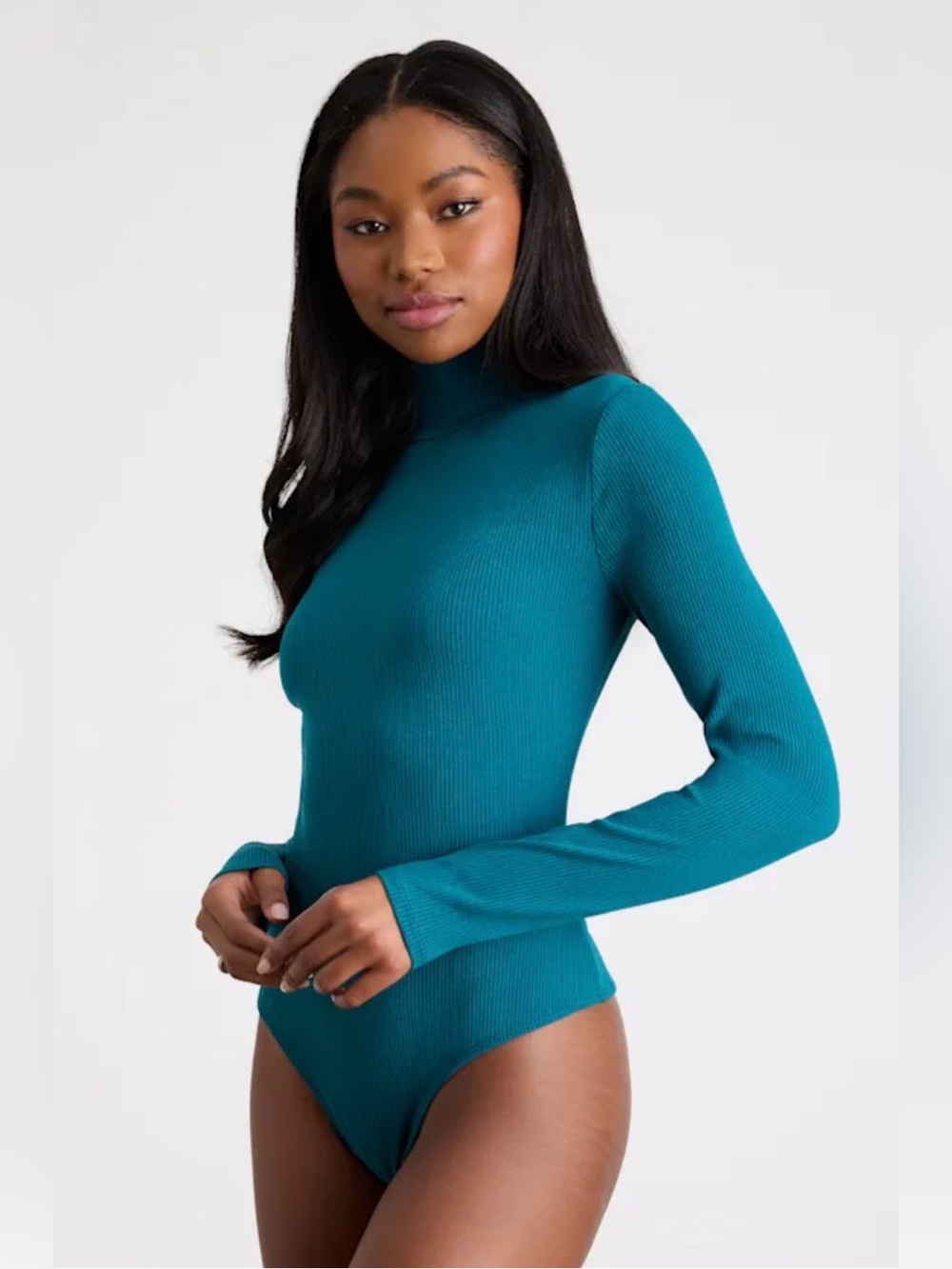 Lulus Wilde Teal Ribbed Long Sleeve Mock Neck Bodysuit Blue - Size M